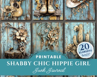 May include: Printable digital download of 20 shabby chic hippie girl junk journal elements. The elements are 8.5x11 inches and feature a variety of floral designs, including a guitar, boots, a hat, a dreamcatcher, a cactus, and a bee.