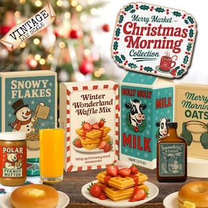 May include: A vintage-style Christmas-themed display featuring miniature food items and packaging. Includes waffle mix, milk, syrup, peanut butter, and a sign that reads "Merry Market - Christmas Morning Collection."