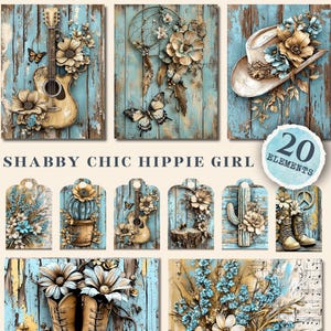 Hippie Girl Digital Scrapbook Journal Pages, Mixed Media Collage Kit, Rustic Boho , Shabby Chic Procreate Papers, Musical Cowgirl Ephemera