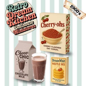 May include: A collection of miniature dollhouse food items, including a box of "Cherry-ohs" cereal, a carton of "Choco Chic" chocolate milk, a glass of chocolate milk, and a box of "DreamWhirl Waffle Mix". The items are designed in a retro 1960s style.