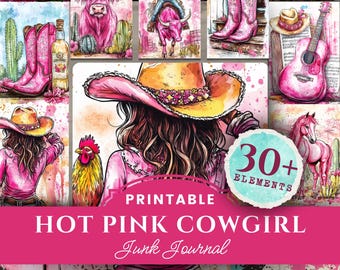 Pink Cowgirl Junk Journal Kit: Western Ephemera, Shabby Chic Papers (Digital Download)