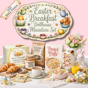 May include: A miniature Easter breakfast dollhouse set with croissants, cereal, juice, and coffee. The set includes a sign that reads "Easter Breakfast Dollhouse Miniature Set". Other items include a bunny, eggs, and flowers.