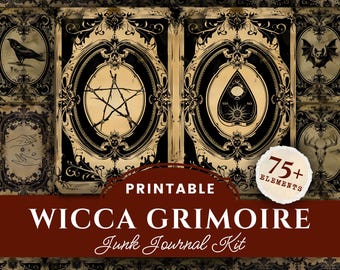 May include: A digital download of a Wicca Grimoire Junk Journal Kit. The image features a collage of vintage-style cards with black and beige illustrations of occult symbols, including a pentagram, raven, and hands. The text reads "Printable" and "75+ Elements."