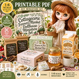 May include: A 1:6 scale printable PDF DIY miniature set featuring a Blythe doll, miniature paper bags of Elderberry Ridge coffee, a Fawn & Fir herbal tea box, a Blossom Bend scone box, a Sweet Fern Apiary honey jar, and a Little Doe orange juice carton.