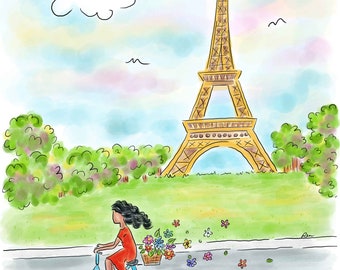 Paris Wall Art, Eiffel Tower Art Print, Girl Riding Bicycle Art Print, Paris in Spring Wall Hanging, Paris Flowers Art Print, Paris Art
