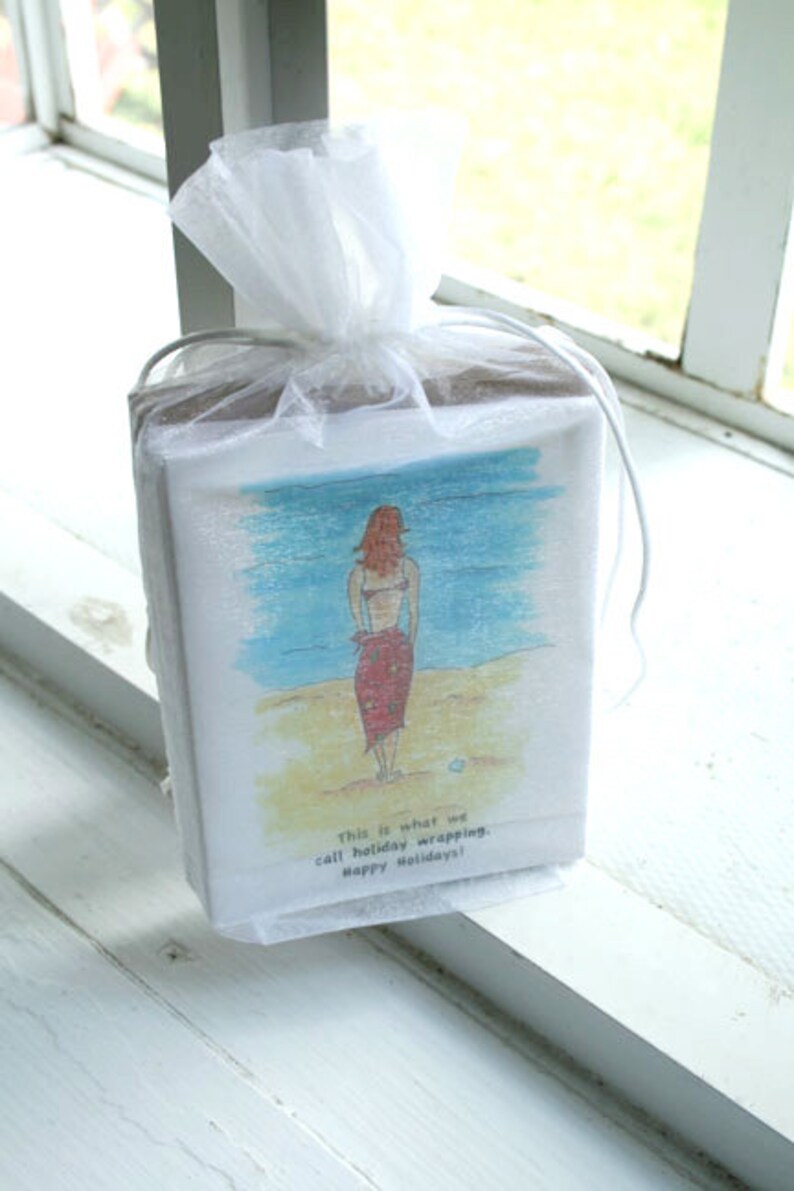 May include: A white gift bag with a white sheer fabric tied around it. The bag has a cartoon drawing of a woman in a bikini on a beach. The text on the bag reads "This is what we call holiday wrapping. Happy Holidays!"