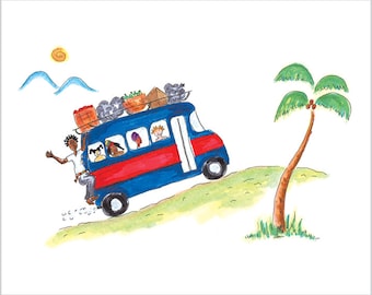 Kids Wall Art for Boys Room Art Mixed Race Kids Art Caribbean Wall Art Jamaican Art Print Jamaican Country Bus Art for Kids Room