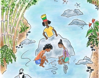 Girls in River, Living Room Wall Art, Tropical Art print