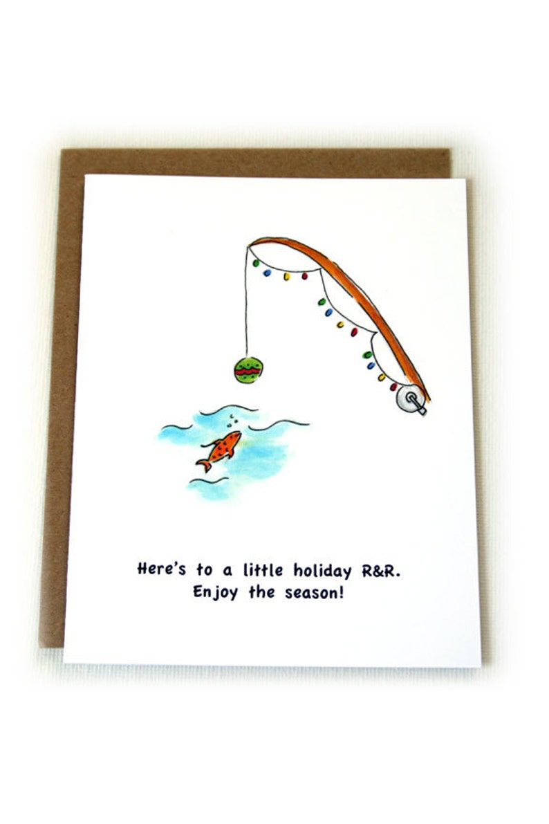 Fishing Christmas Cards, Fishing Rod Cards, Holiday Cards, Beach Christmas Cards, Set of 10 image 1