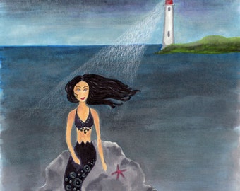 Mermaid and Lighthouse Art Print, Girls Room Decor (8x10)