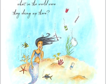 Mermaid Art Print, Ocean Pollution, Beach Wall Art