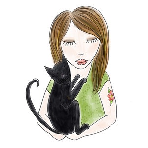Cat Lover Gift, Cat lover Art Print, Art for Girls Room, Woman Snuggling Her Cat