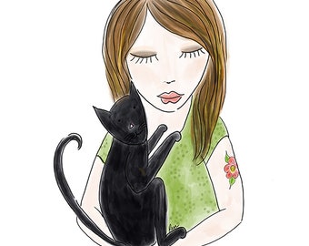 Cat Lover Gift, Cat lover Art Print, Art for Girls Room, Woman Snuggling Her Cat