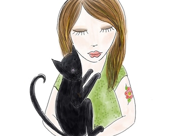 Cat Lover Gift, Cat lover Art Print, Art for Girls Room, Woman Snuggling Her Cat
