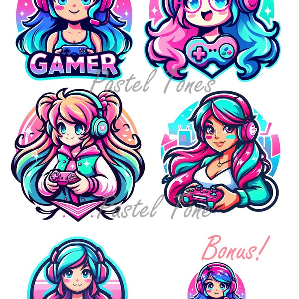 Gamer Girl sticker collection. 5 cute stickers for laptop, tablet, phone, notebooks and more!