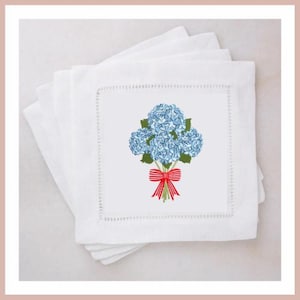 Hydrangea Embroidered Linen Cocktail Napkins | Gift | Friend | Party | Summer | Fourth of July | Custom Embroidery  |