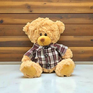 May include: A plush teddy bear with light brown fur and a plaid shirt in shades of burgundy, white, and brown. The bear has a round, tan nose and button eyes. The bear is sitting on a white surface with a wooden background.