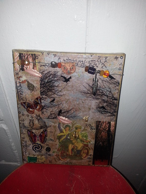 Freeway Original Art Sale Vintage 3d Hanging Artwork Layered Collage Beads Owl Bicycle Butterfly Tree Ready To Hang 8 X 10 Inches