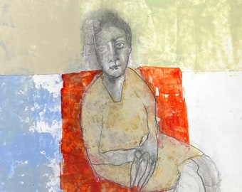sitting figure with hands in lap, orange, blue, beige