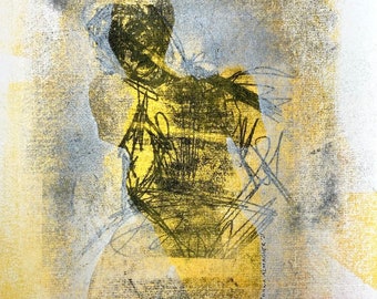 Abstract Figure, mono print, 82/100, yellow and black