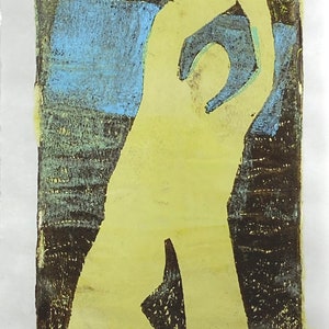 Abstract Figure, stencil-mono print, yellow, brown, blue image 1