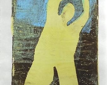 Abstract Figure, stencil-mono print, yellow, brown, blue