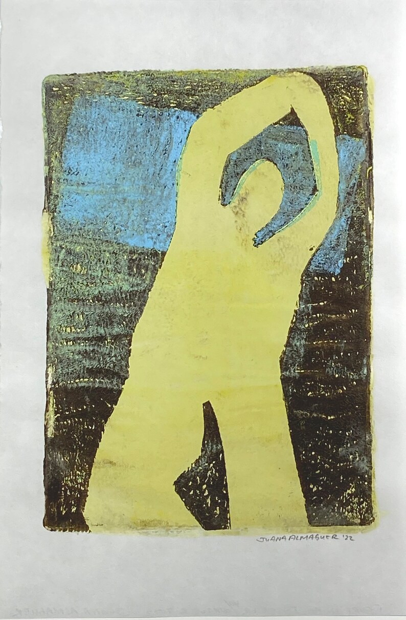 Abstract Figure, stencil-mono print, yellow, brown, blue image 1