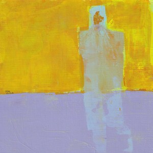 May include: Abstract painting with a figure in white against a yellow and lavender background. The artwork features broad brushstrokes and a textured appearance, with the artist's signature and the year 2026 visible in the lower left corner.