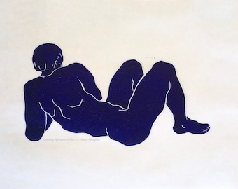 reclining Male Figure, dark blue, linocut print
