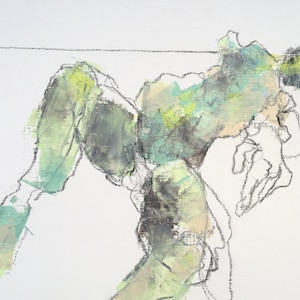 reclining abstract figure reaching out with one hand, charcoal and acrylic greens