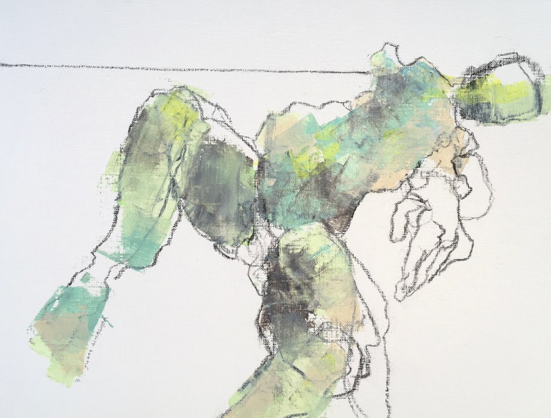 reclining abstract figure reaching out with one hand, charcoal and acrylic greens