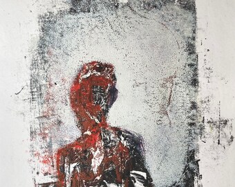 Abstract Figure, mono print, 6.5w x 8.25h inches, red, grey, black