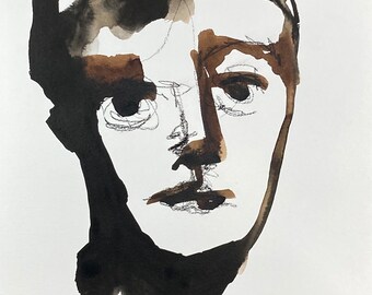 Portrait III June 2023, inks, graphite, 9 x 12