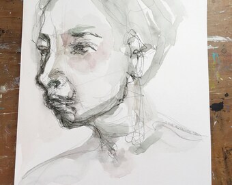 charcoal and watercolor figurative drawing, portrait