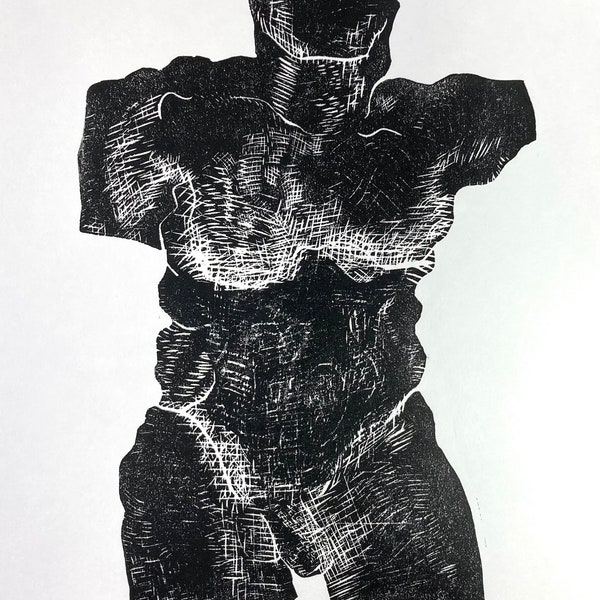 Torso, black and white, linocut print, 15.7 inches height x 11.8 wide inches