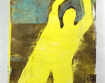 Abstract Figure, stencil-mono print, yellow, brown, blue
