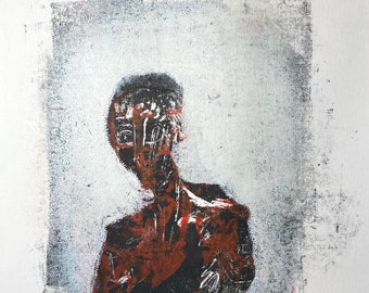 Abstract Figure, mono print, red, grey, black