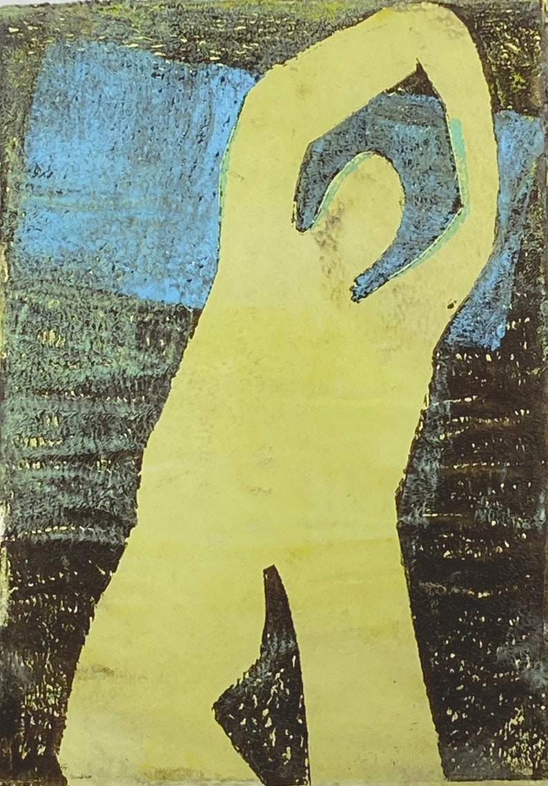 Abstract Figure, stencil-mono print, yellow, brown, blue image 2