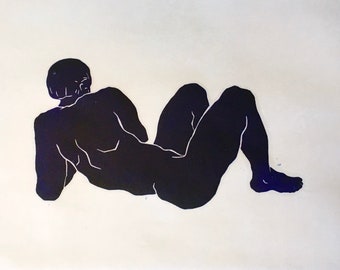reclining Male Figure, black mostly, linocut print
