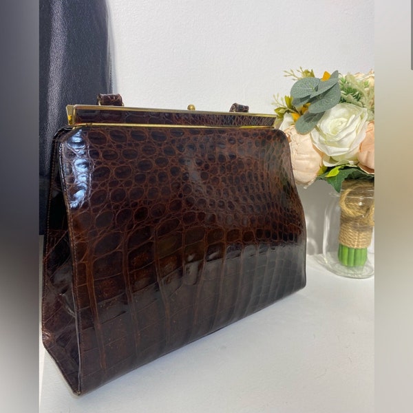 Vintage 1960's Dark Brown Alligator Purse Bag Handbag