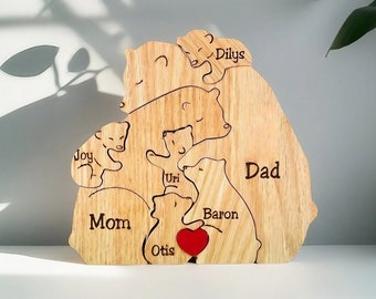 Gepersonaliseerde houten berenpuzzel, aangepaste berenbeeldjes, houten berenfamiliepuzzel, gegraveerde familienaampuzzel, DIY-kunstpuzzel