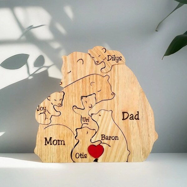 Personalized Wooden Bear Puzzle, Custom Bear Figurines, Wooden Bear Family Puzzle, Engraved Family Name Puzzle, DIY Art Puzzle