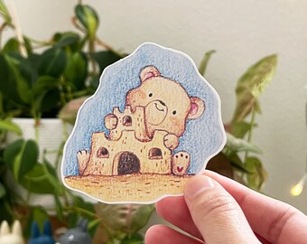 Kawaii Cute Bear building Sandcastle Vinyl Die Cut Sticker