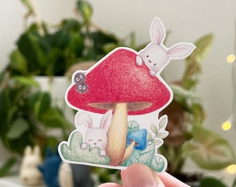 Kawaii Cute Bunny Friends and Toadstool Vinyl Die Cut Sticker