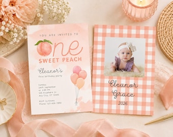 Sweet Peach First Birthday Invitation Template | Editable Canva Girl Party (Digital Download)