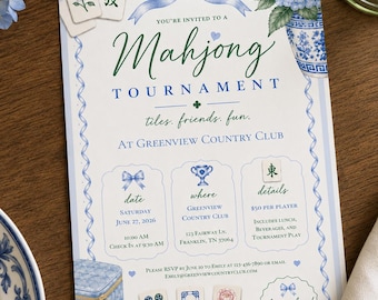 Mahjong Tournament Invitation Template | Blue Hydrangea Country Club Invite | Printable Canva Edit | Ladies Mahjong Party Invite