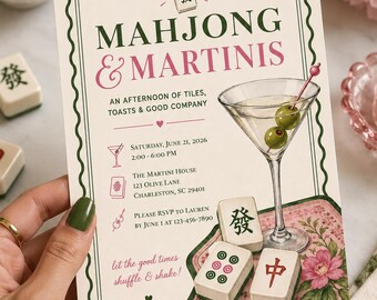 Mahjong & Martinis Invitation Template | Editable Mahjong Party Invite | Cocktail Party Invitation | Instant Download Canva Template