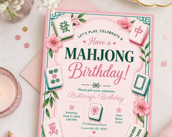 Pink Green Teal Mahjong Birthday Invitation Template | Editable Mahjong Party Invite | Country Club Birthday Party | Mahjong Ladies Luncheon
