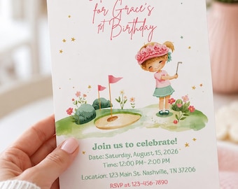Golf Girl First Birthday Invitation | Pink Par-Tee Party Template (Digital Download)