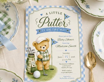 Little Putter Golf Baby Shower Invitation, Teddy Bear Theme (Digital Download)